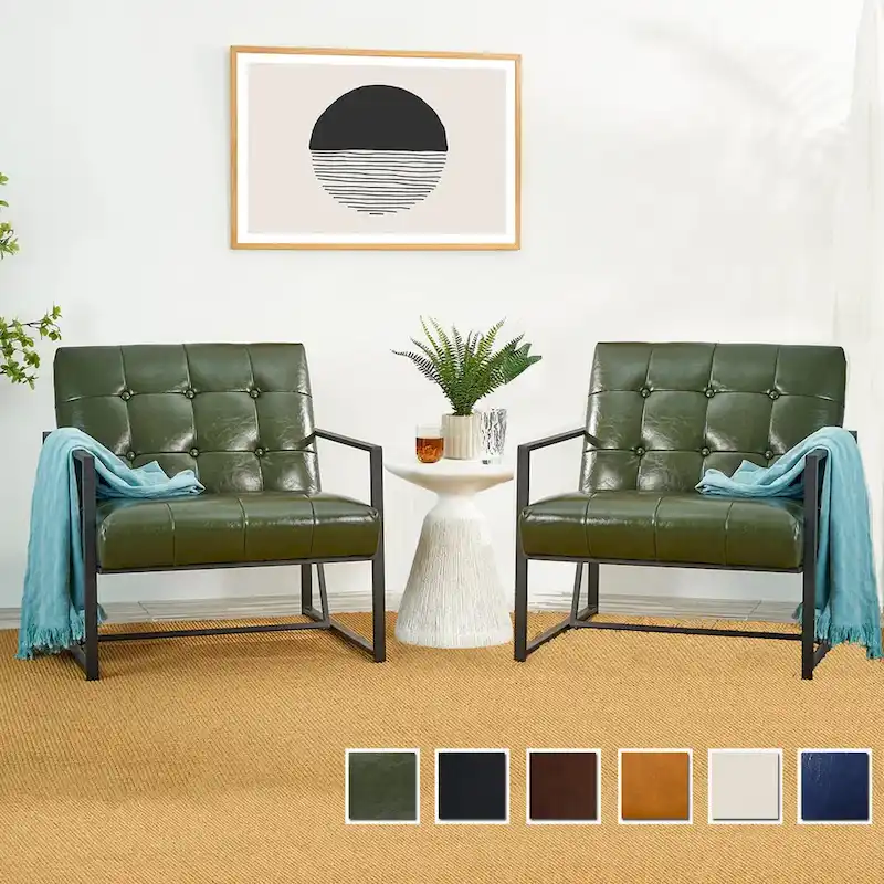 Glitzhome Set of 2 29.25W Mid-Century PU Leather Tufted Accent Chairs