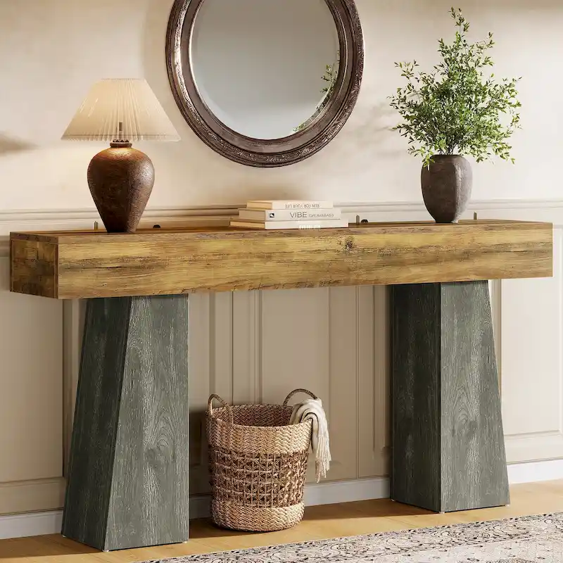 Farmhouse Entryway Table, 63-Inch Long Wooden Sofa Console Table