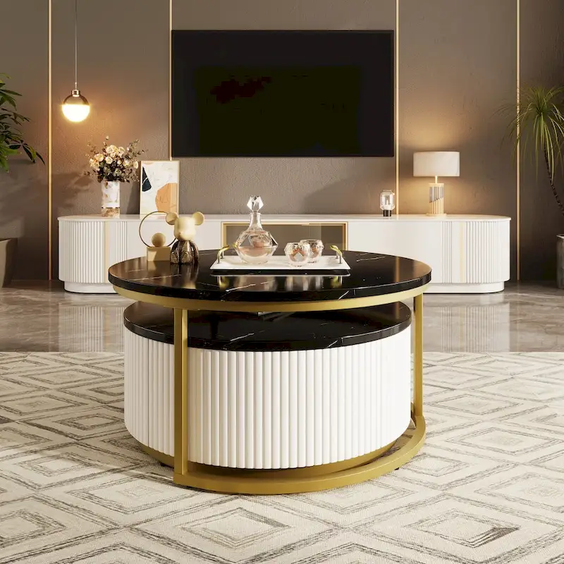 Modern Round Nesting Coffee Table Fluted with Drawer