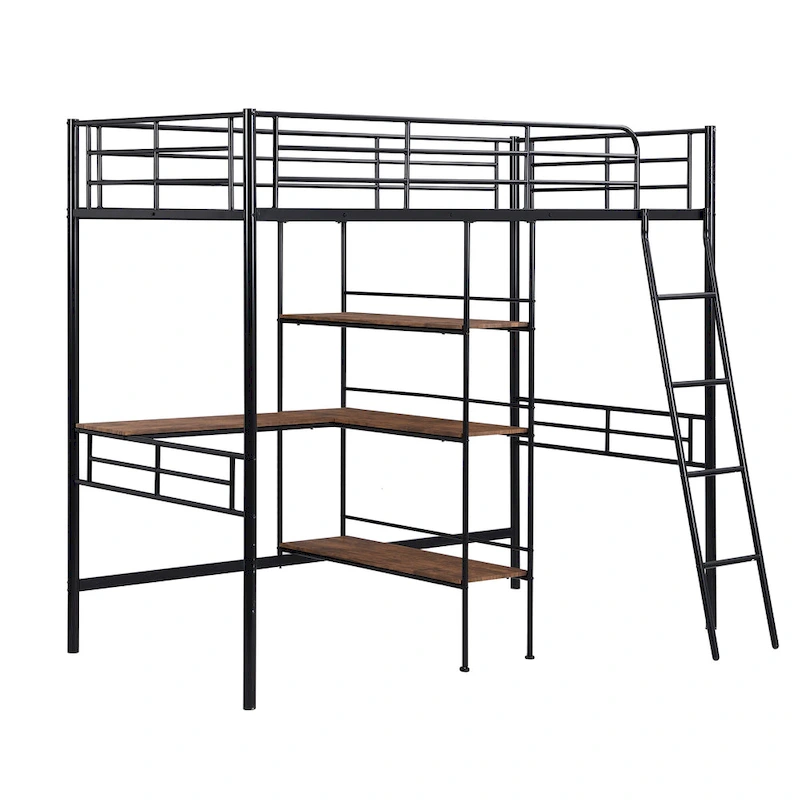 Twin Metal Loft Bed with Desk & Shelves
