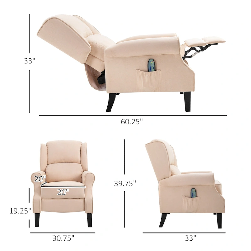 Cream White Heated Massage Recliner Chair with Lumbar Heating & Remote Controller