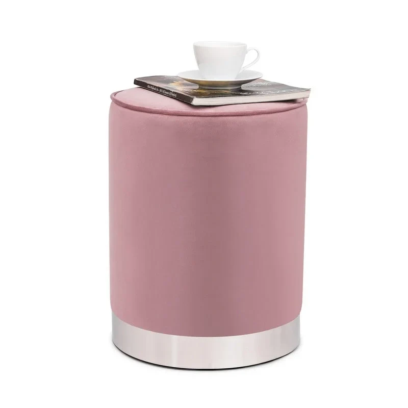 Adeco Vanity Upholstered Round Velvet Ottoman Footstool Silver Trim