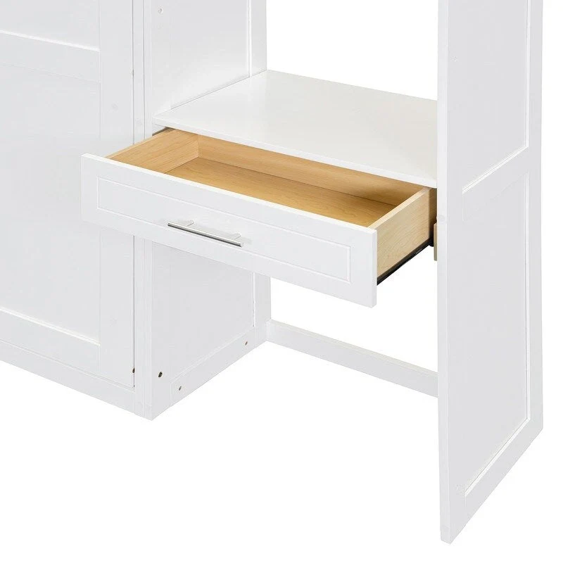 Full Size Wall Murphy Bed with Desk, Top Cabinet and Storage Shelves, Space Saving Foldable Bed,White