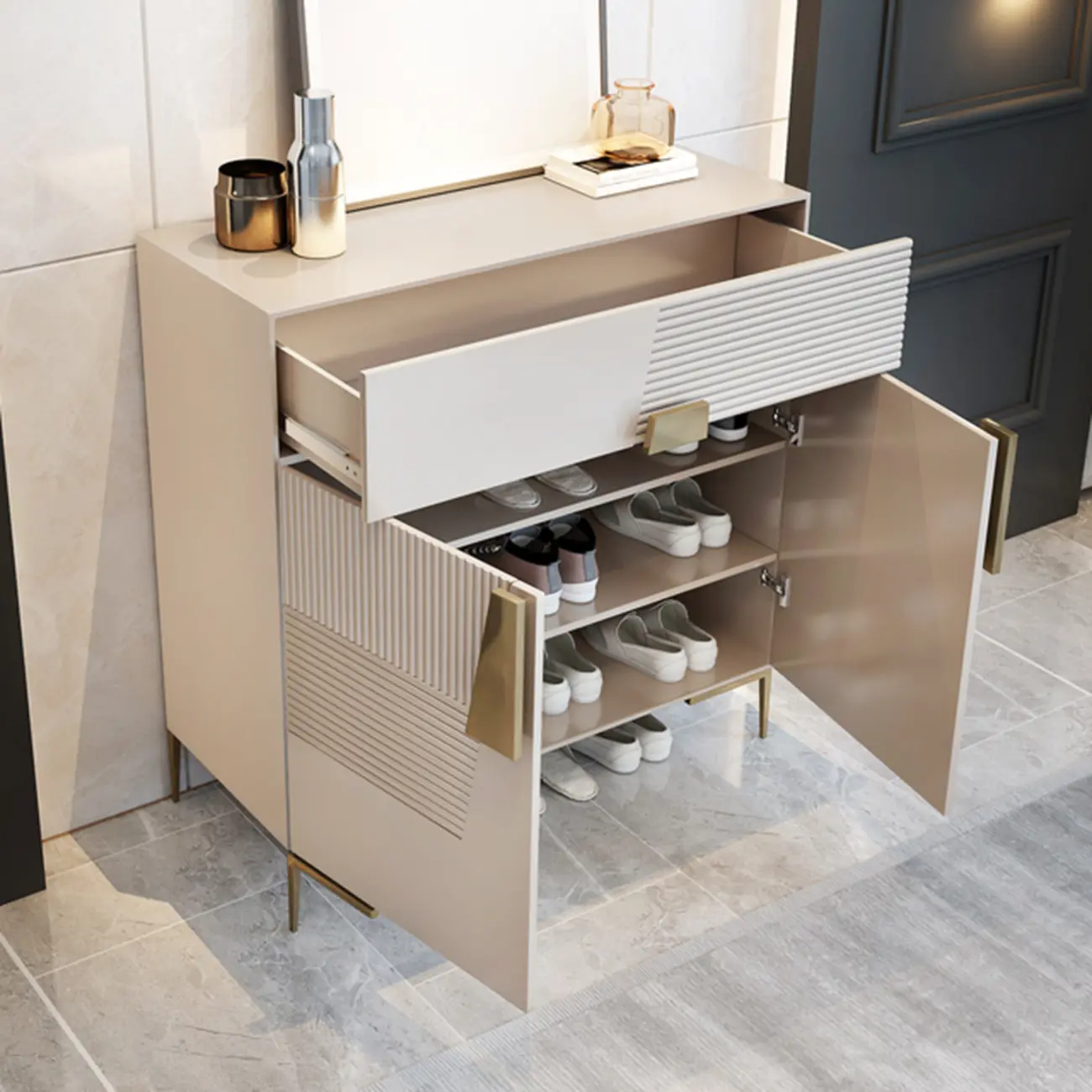 Elegant Fluted Entryway Shoe Cabinet with Drawer