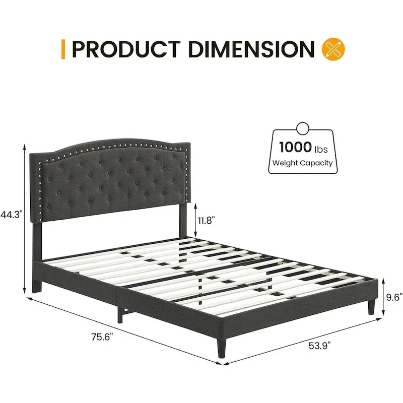 Bed Frame Upholstered Platform Bed with Adjustable Button Tufted & Nailhead Trim Headboard