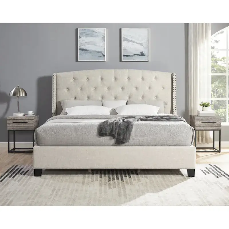 Roundhill Furniture Astral 3-Piece Upholstered Bedroom Set Tufted Wingback Bed with Two Nightstands