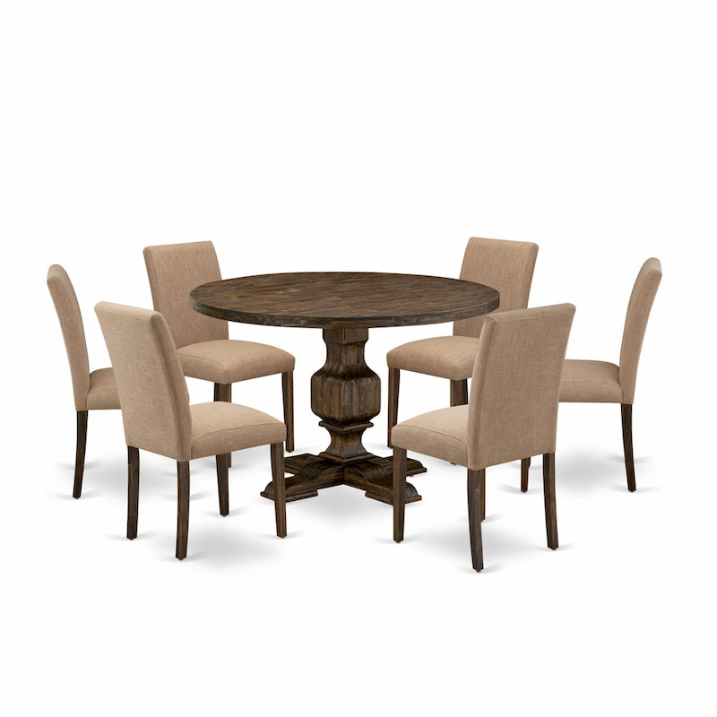 East West Furniture Dining Table Set- a Round Kitchen Table and Light Sable Parsons Chairs, Distressed Jacobean (Pieces Option)