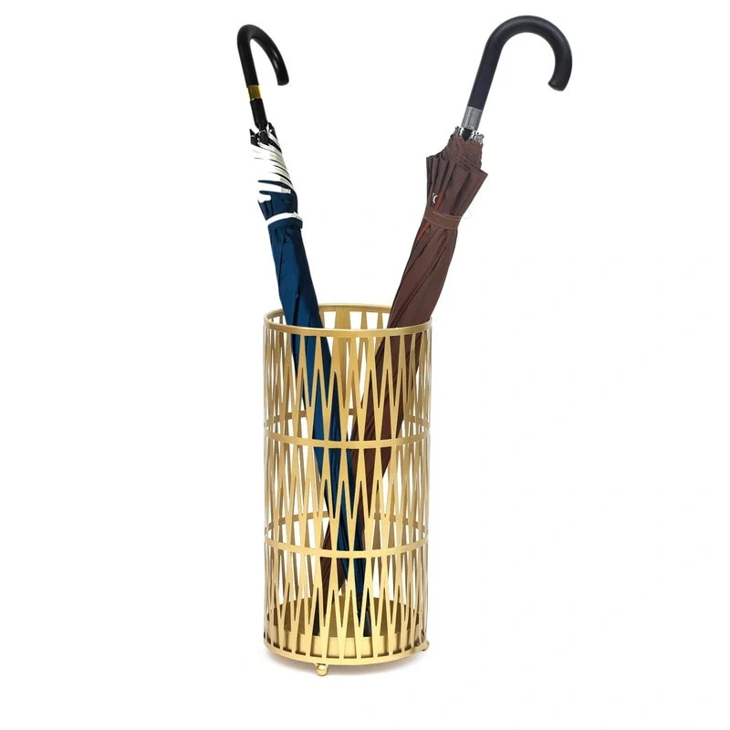 ADECO Stand Gold / Black Round RackMetal Umbrella Cane Walk Stick Drip Tray - 9. 2 x9. 2 x19