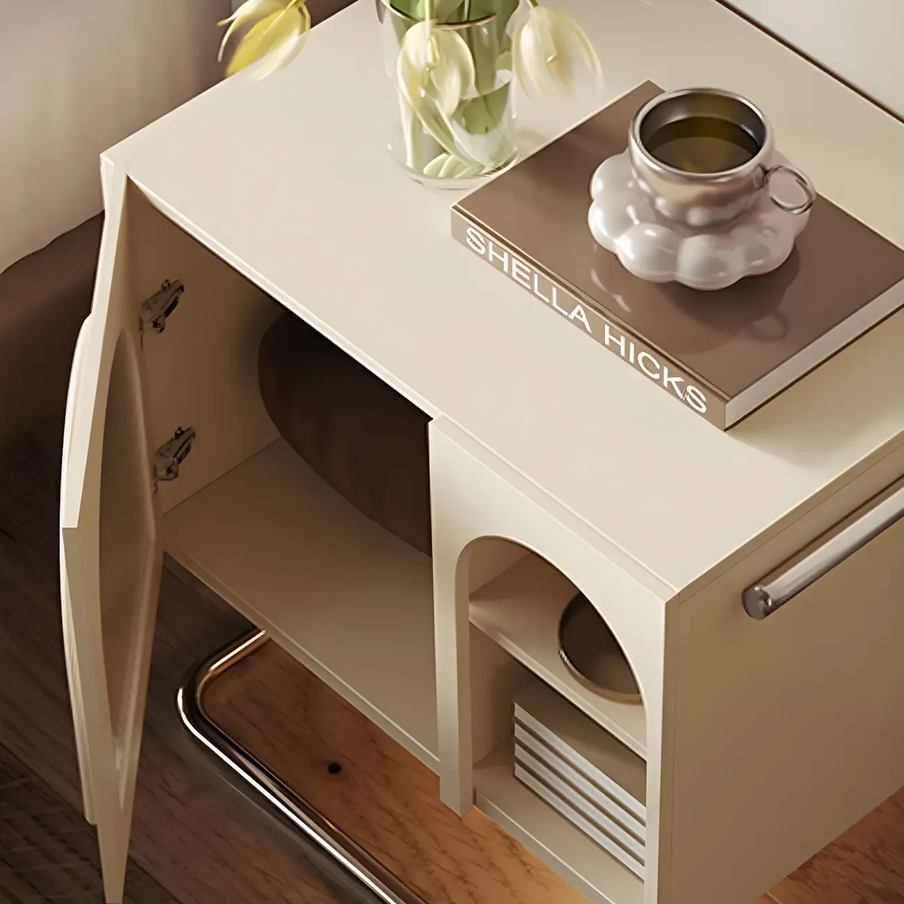 Narrow Cubic Wooden Black Nightstand in Steel Base