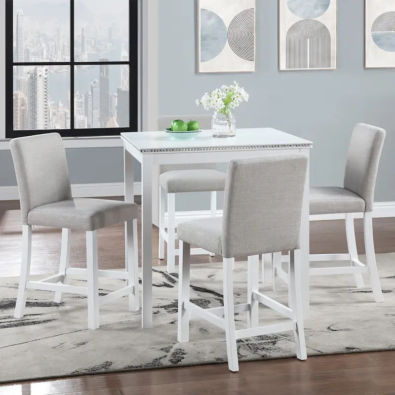 5 Piece Counter Height Table Set, Wooden Kitchen Table Set with Square Table and 4 Upholstered Chairs