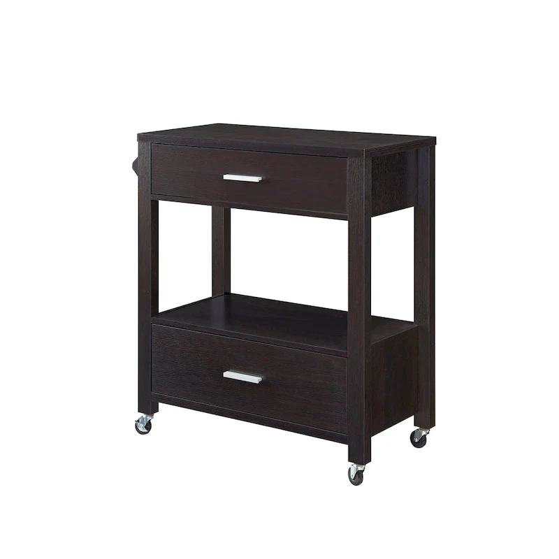 Modern 2-Drawer Caster Serving Cart with Towel Bar