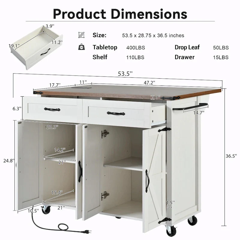 53.5 Farmhouse Kitchen Island - Power Outlet, Drop Leaf, Spice Rack, Drawer, Rolling Cart on Wheels