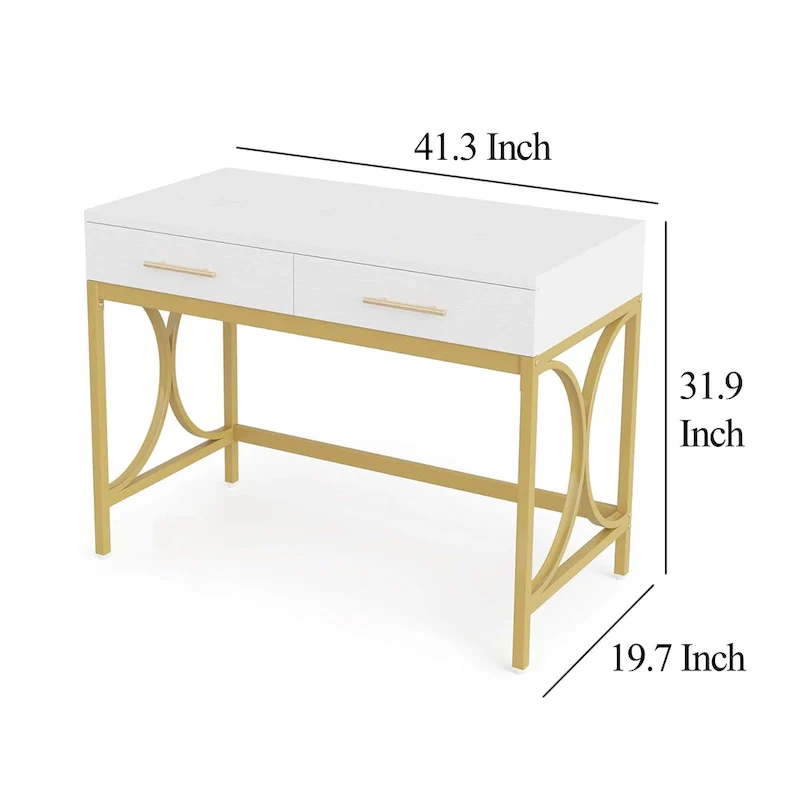 Computer Office Writing Desk, 41 Inch White Top, 2 Drawers, Gold Base