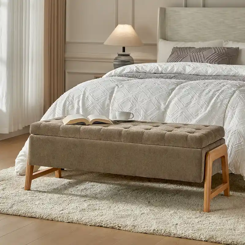 Rita Mid-century Modern Upholstered Storage Bench with Tufted Seat and Solid Wood Leg by HULALA HOME
