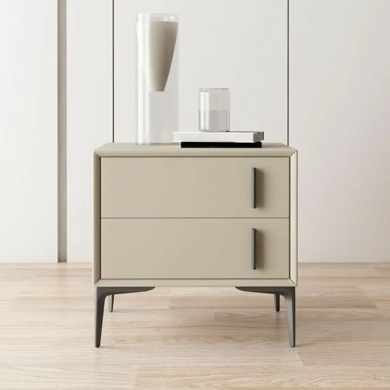 Modern Apricot Faux Leather Wood 2-Drawer Nightstand