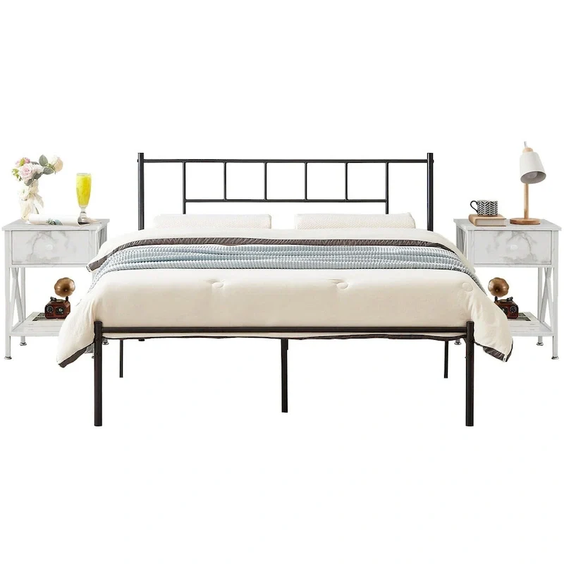 VECELO 3-Pieces Bed Frame with Wood Headboard and Modern Nightstands Set of 2