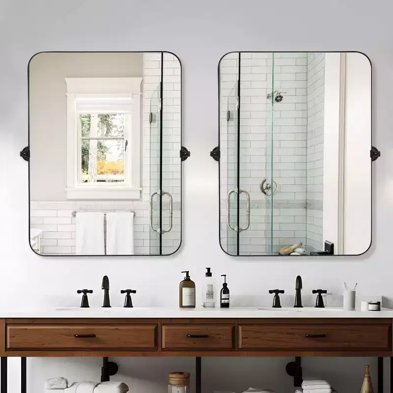 1-Piece Black 23 in.W x 31 in.H Iron Round Corner Rectangular Hardware Hanging Mirror Wall Mirror