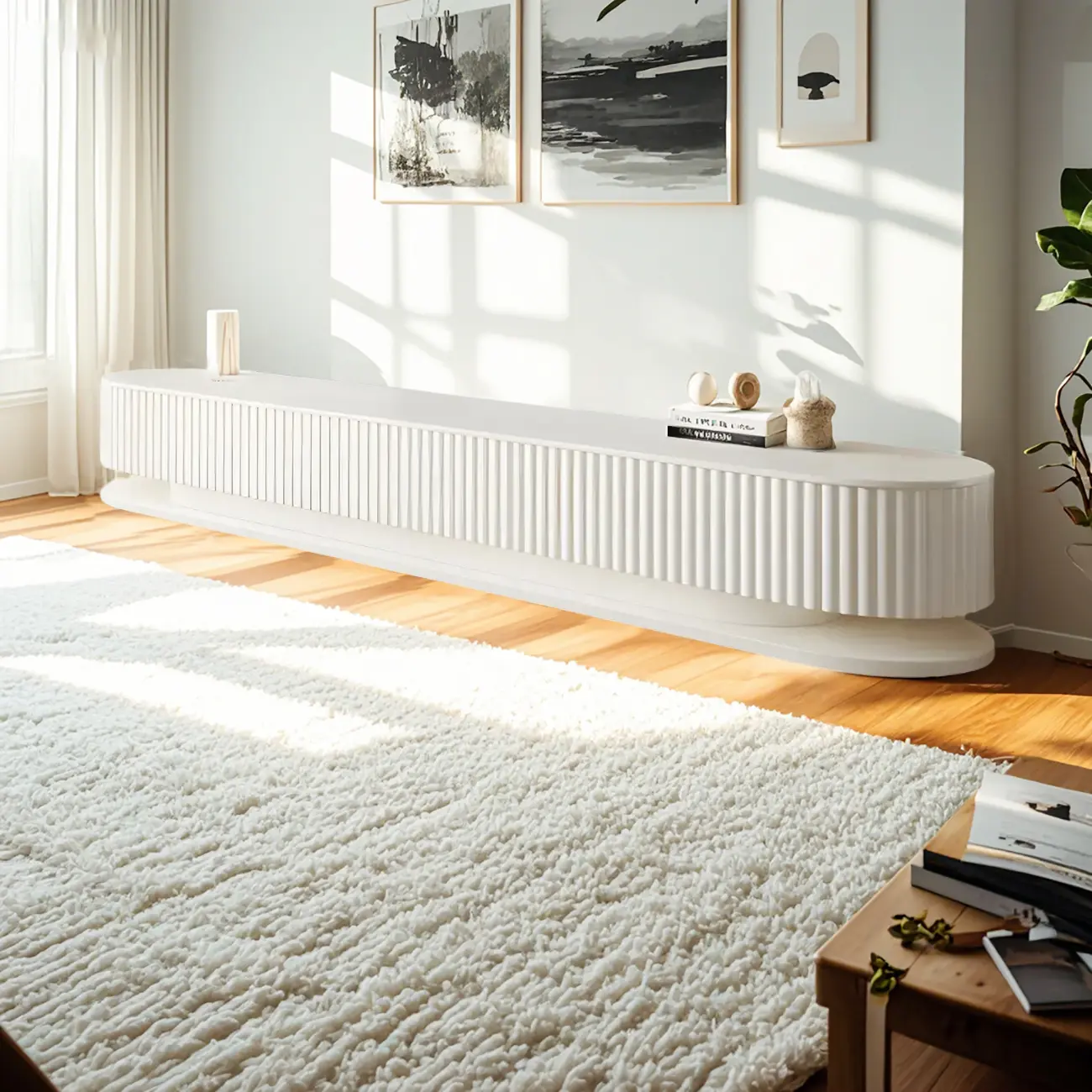 79 White Modern Wood Long Fluted TV Stand with Drawers
