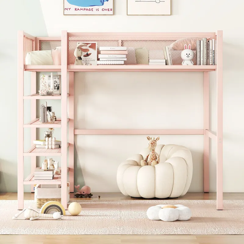 Pink Full Metal Loft Bed with Workstation
