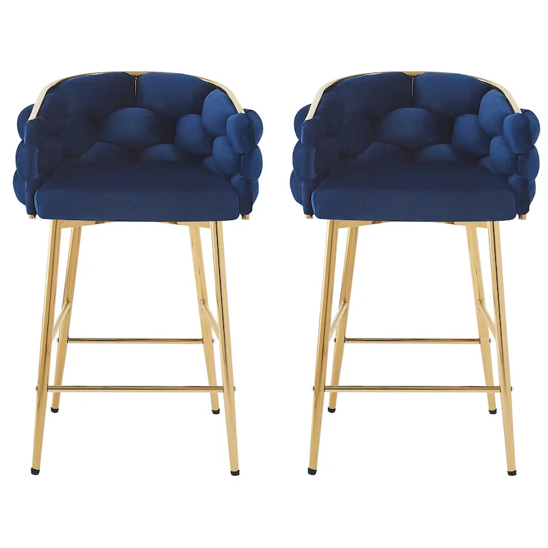 Set of 2 Bar Stools with Velvet Padded Seat and Metal Legs