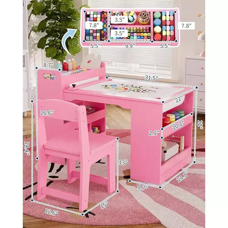 Kids Art desk, Large Kids Craft desk with 2 Chairs, Multi-Functional Art Desk with Storage Shelves for Children Room, Kindergarten, Playroom,School