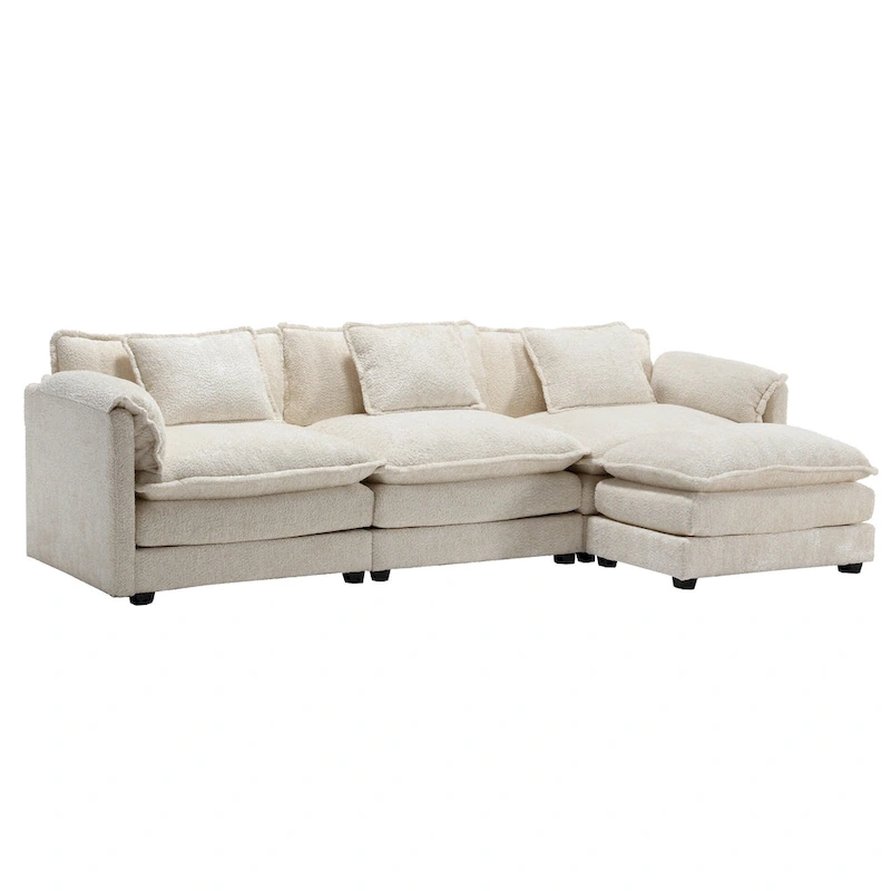 Beige 112.2 L-Shape 4-Seater Sectional Sofa in Modern Boucle Fabric with Removable Cushions and Detachable Armrests