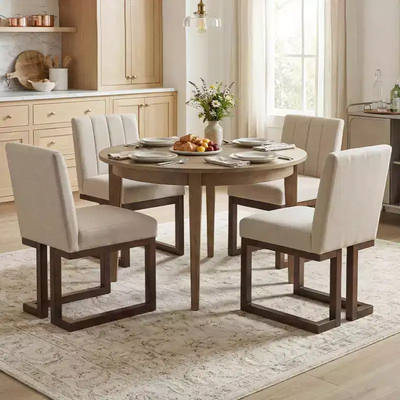 Beige+Gray / Walnut Farmhouse Upholstered Dining Chair, Armless, 2/4 PCS