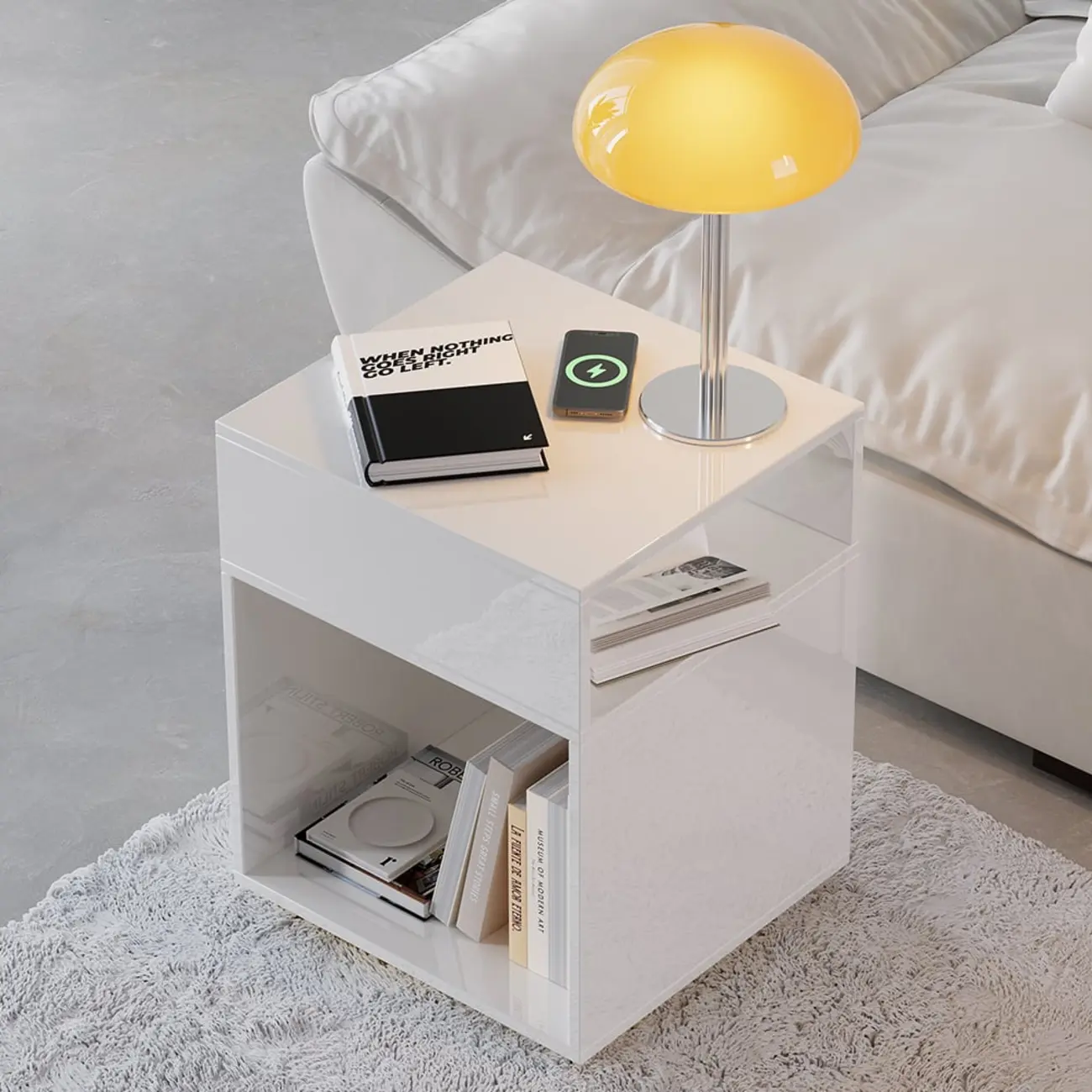 Compact White Wooden Cube Side Table with Open Shelf