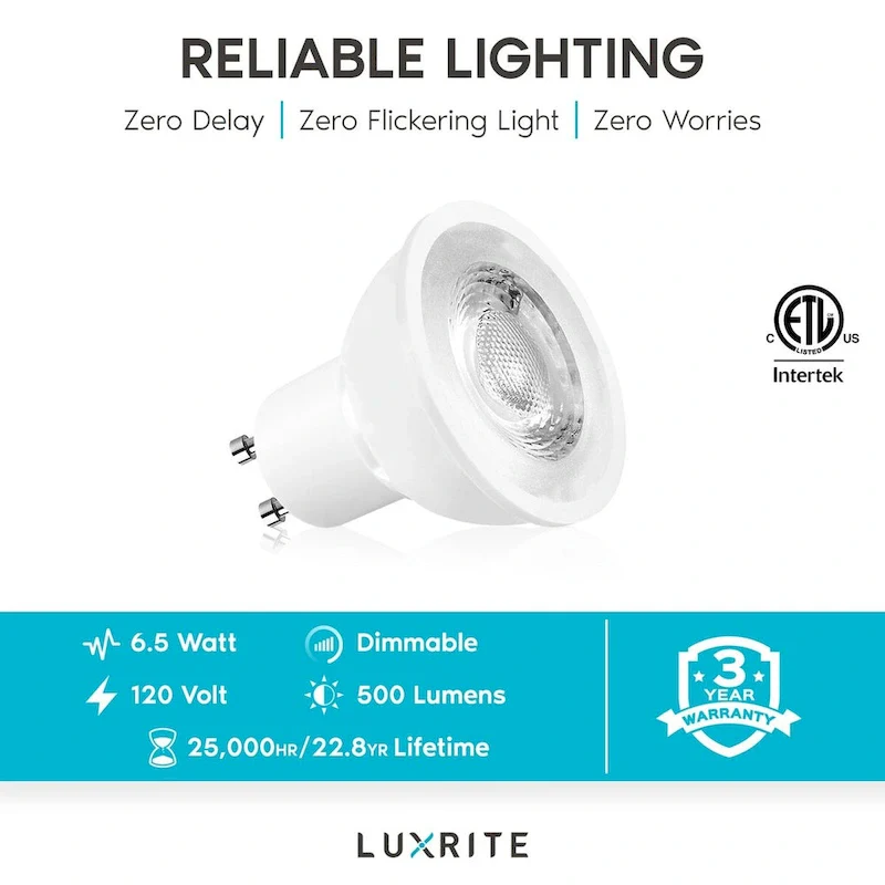 Luxrite MR16 GU10 LED Bulbs Dimmable, 50W Halogen Equivalent, 500 Lumens, 120V, Enclosed Fixture Rated (16 Pack)