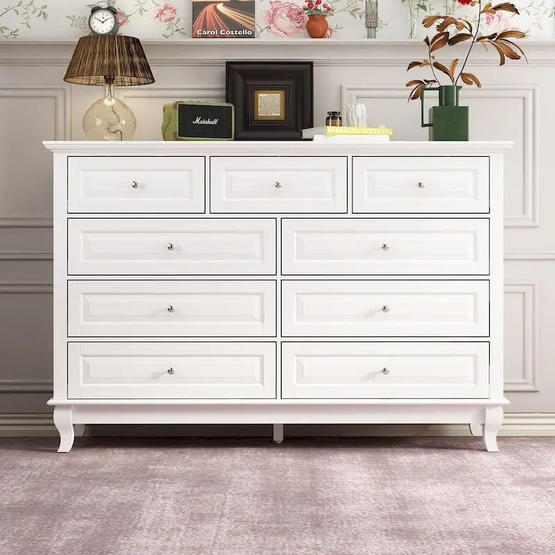 9-Drawer Dresser with Solid Wood Legs Chest Of Drawers Lacquer Console