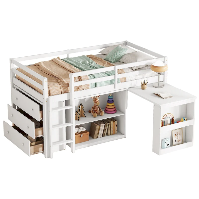 Twin Loft Bed with Pull-Out Desk, 3-Drawer Cabinet & Shelves