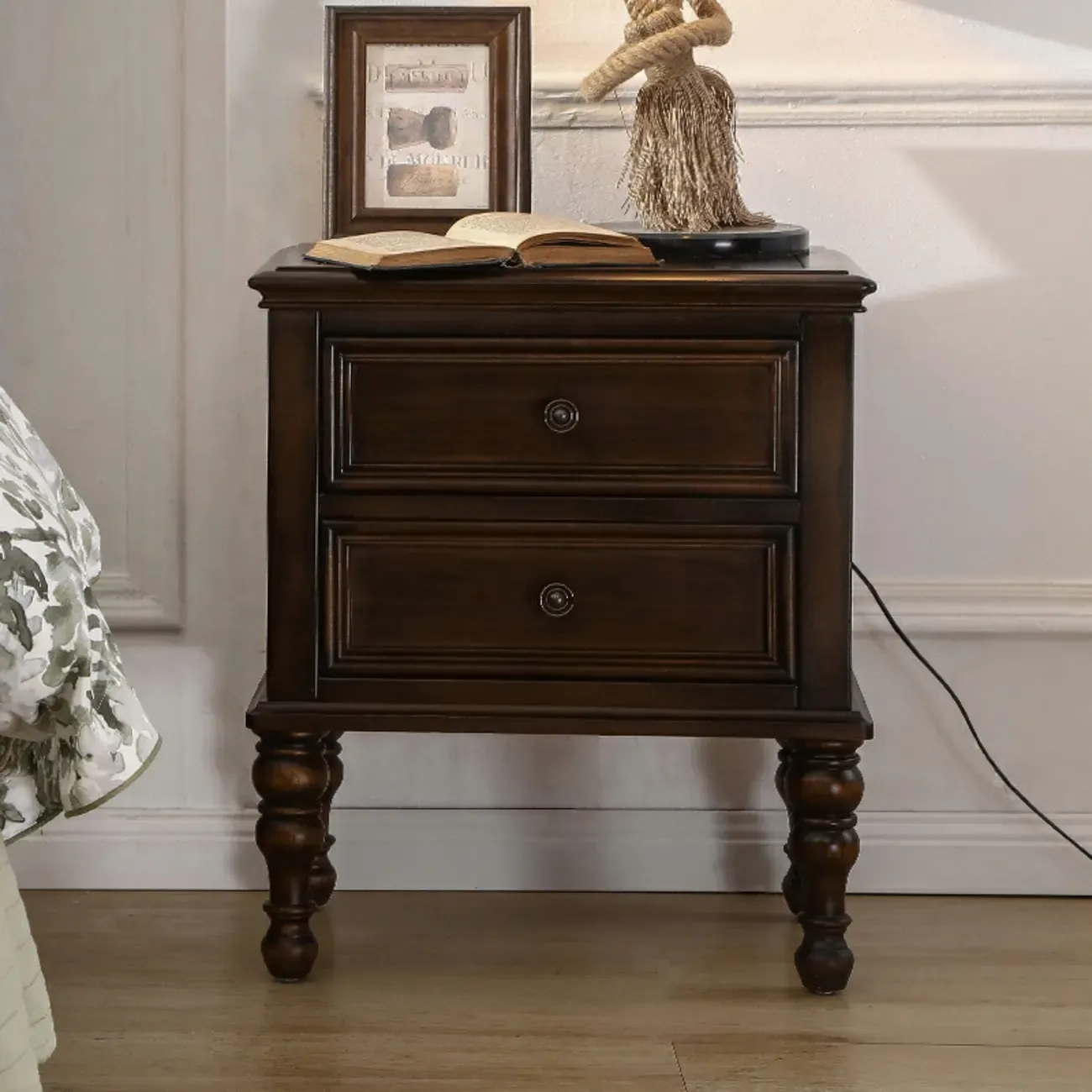 Classic Brown Espresso Wood 2-Drawer Standard Nightstand