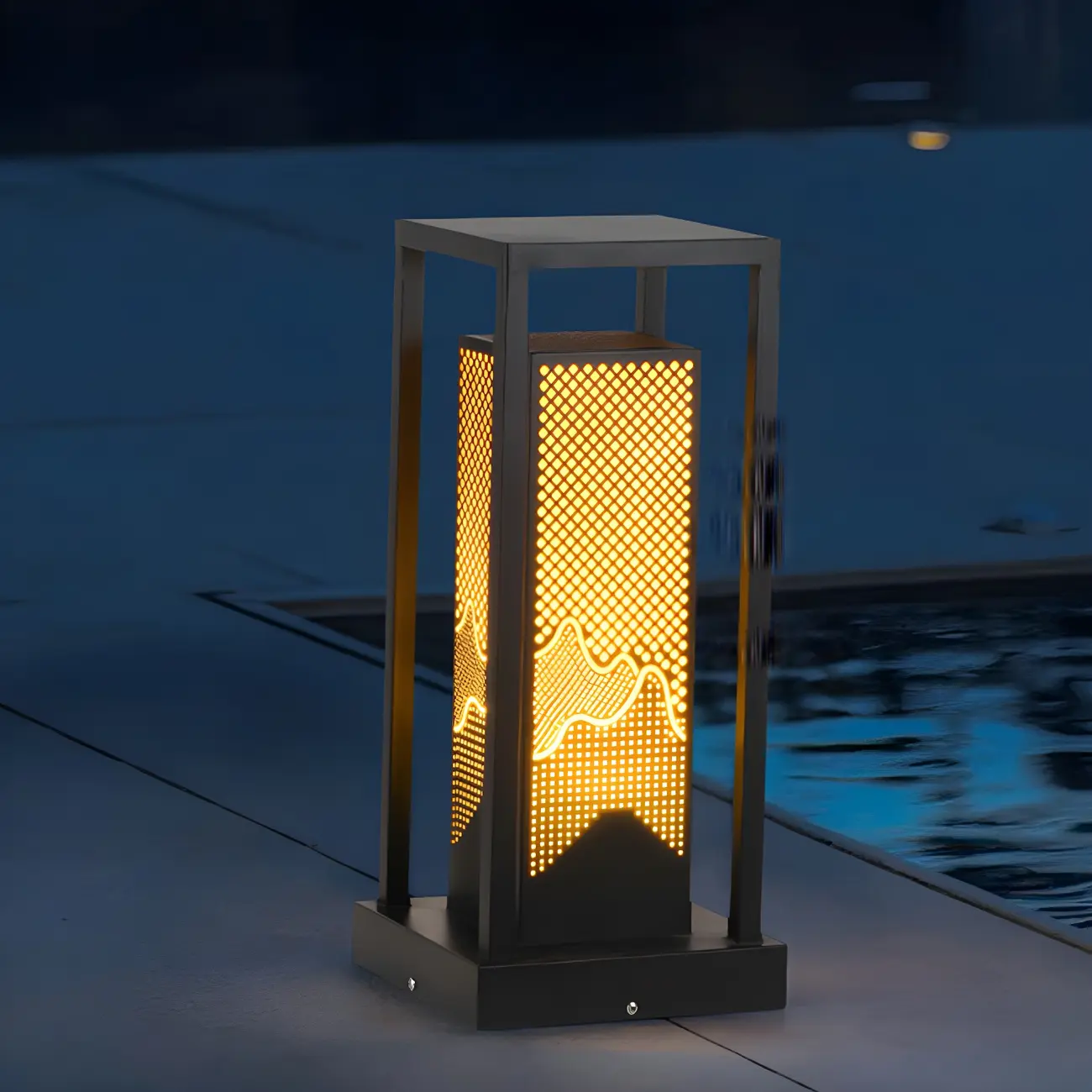 Black Metal Grid Wired Rectangle Post Cap Light