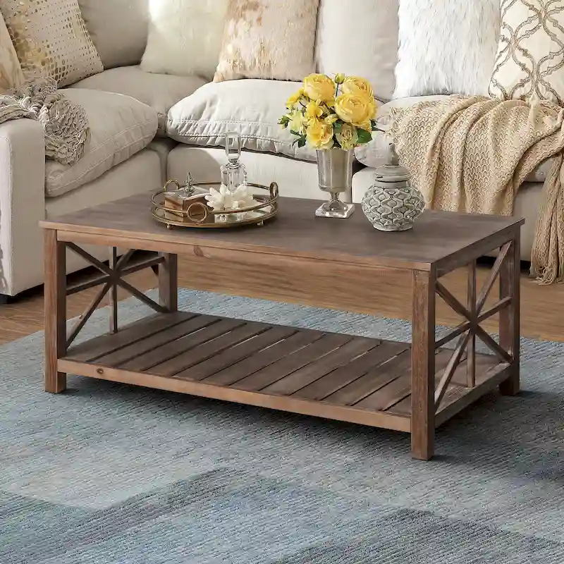 Open Shelf Coffee Table – Antique Black / Brown, Handcrafted Wood, Single