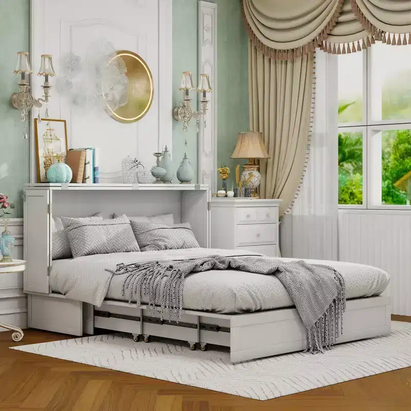 Keloyid Haimyy Solid Wood Frame Queen Murphy Bed Chest with Built-in Charger and Strong Drawer