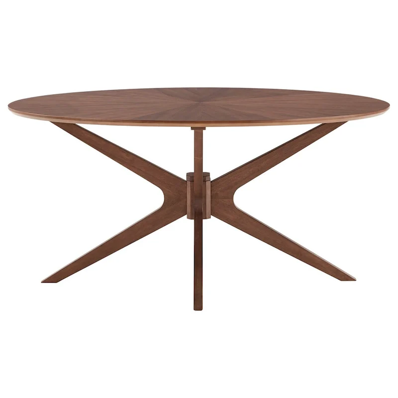 63-Inch Mid-Century Modern Oval Dining Table with Walnut Finish, Sunburst Inlay, Splayed Legs, Seats 4