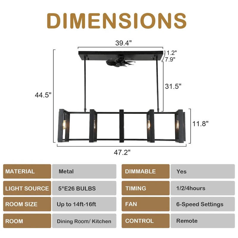 48  Modern Reversible Ceiling Fan 3-Speed with Remote, Kitchen Island Chandelier with 5-Light - 48 Inches