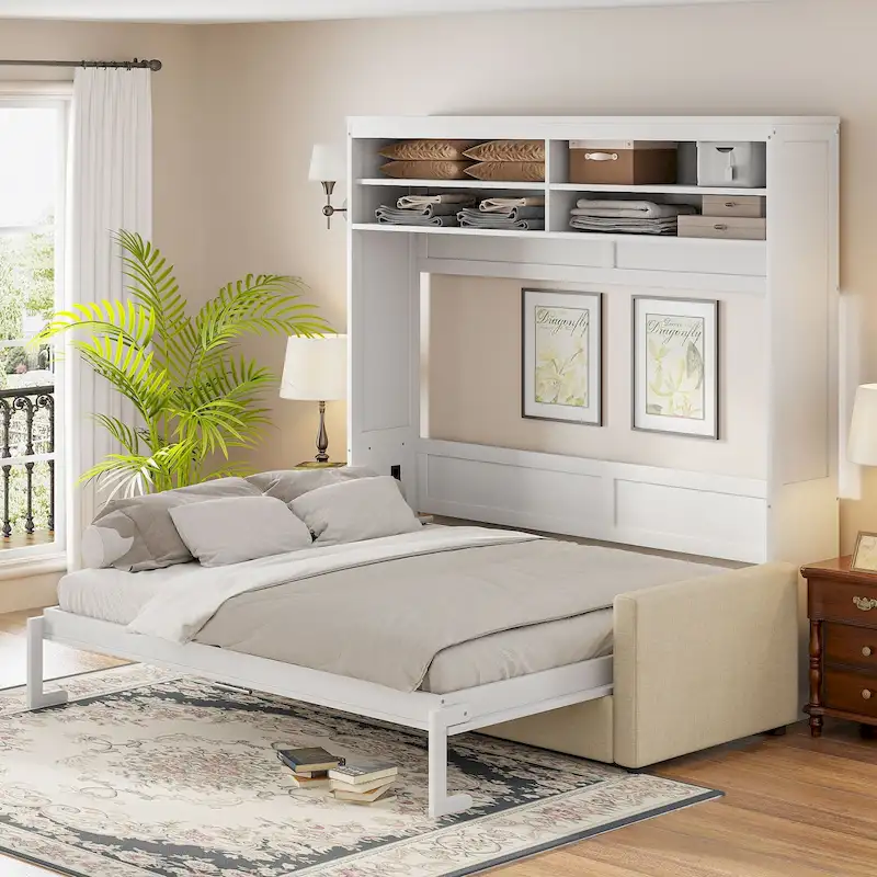 Queen Convertible Murphy Bed with Sofa, 2-in-1 Design, Storage & Dual-Piston Mechanism