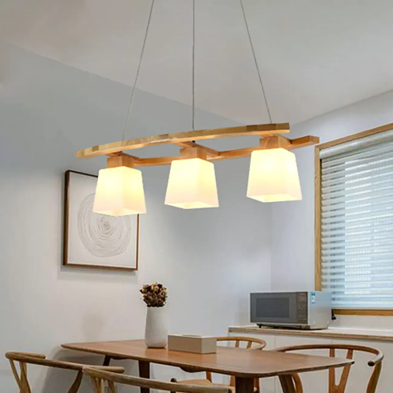 Modern 3-Light Wooden Glass Pendant Light Island Hanging