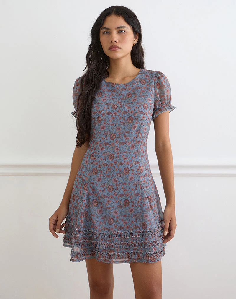 Koharu Mini Dress in Shadow Blossom Blue Chiffon