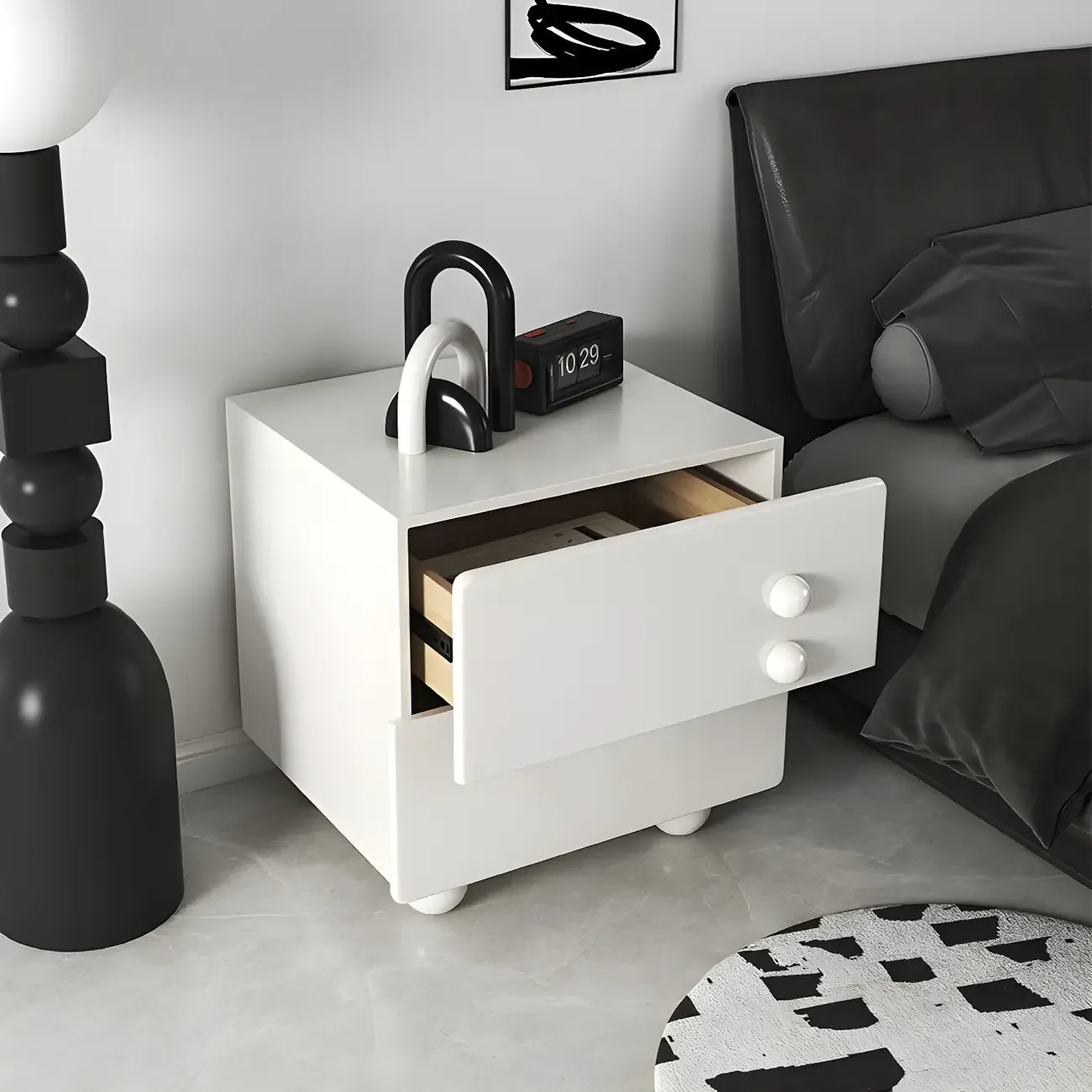 White Wood High-Gloss 2-Drawer Nightstand with Sphere Legs