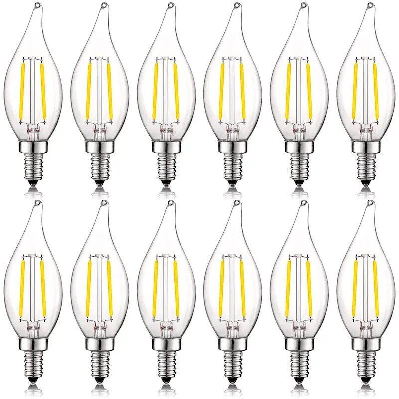 Luxrite 4W Vintage Candelabra LED Bulbs Dimmable, 400 Lumens, 40W Equivalent, Flame Tip Clear Glass, E12 Base (12 Pack)