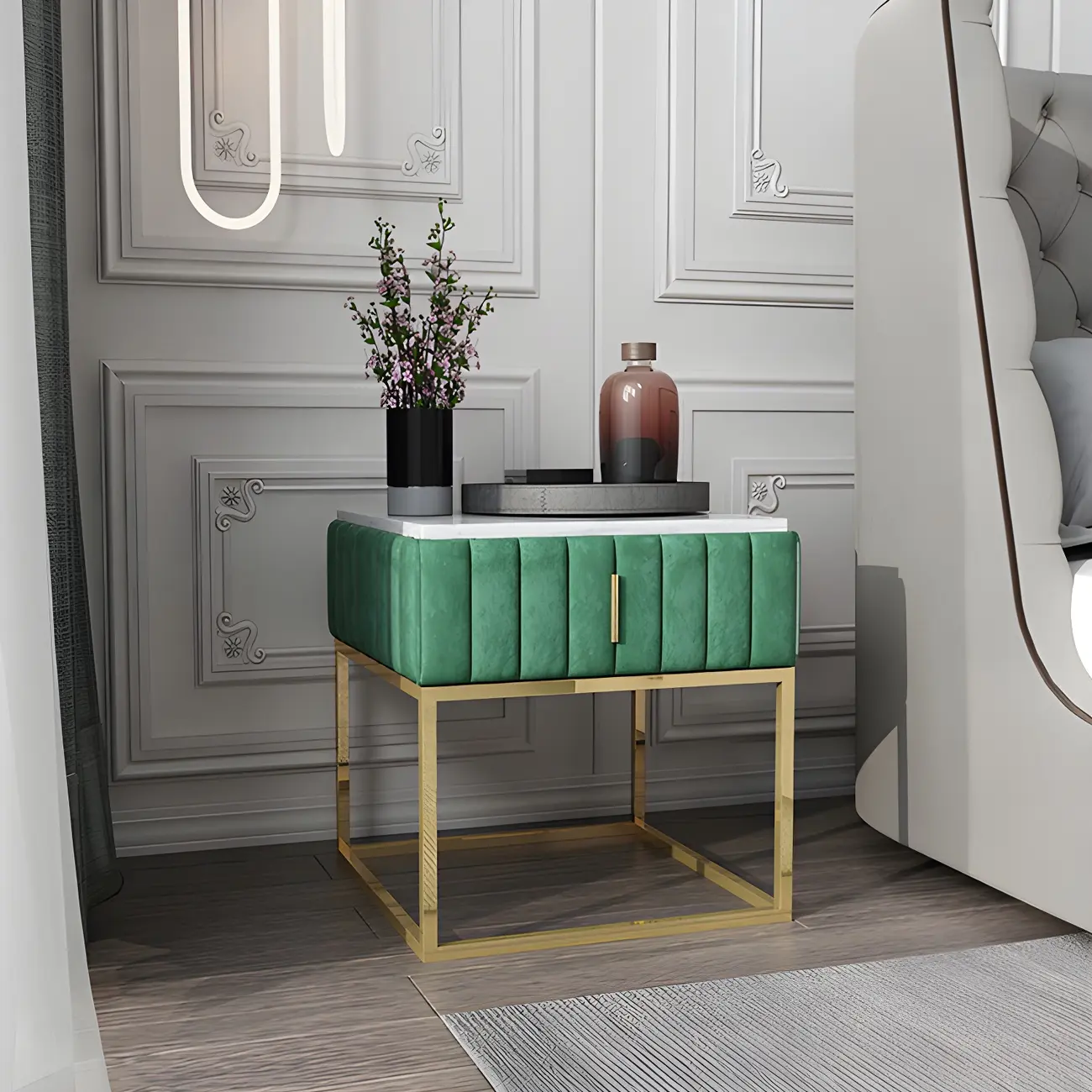 Glam Genuine Marble Nightstand with Drawers & Metal Base