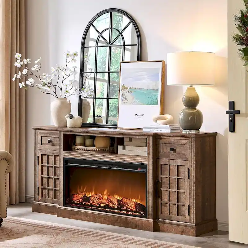 Black/Brown/White Farmhouse Electric Fireplace TV Stand, Fits 80