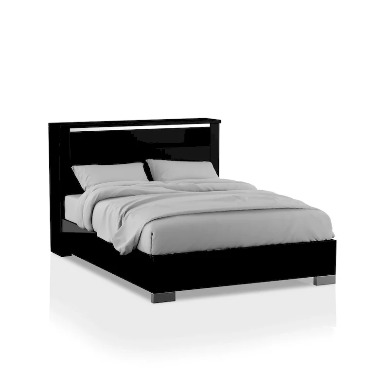 Furniture of America Lofa Modern Black Wood Panel Bed with LED