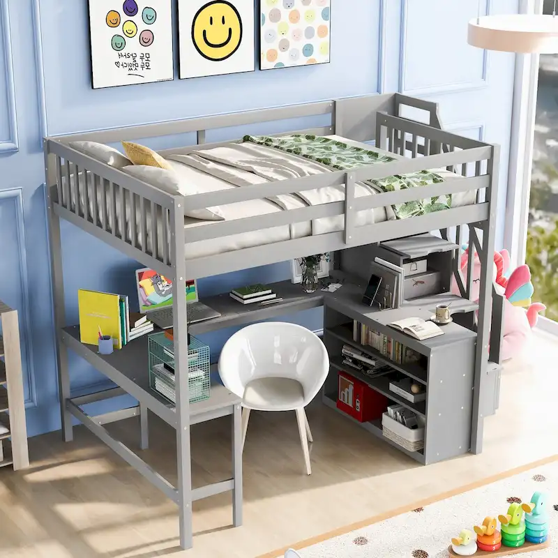 Gray Full Pine Wood Loft Bed with L-Shaped Desk