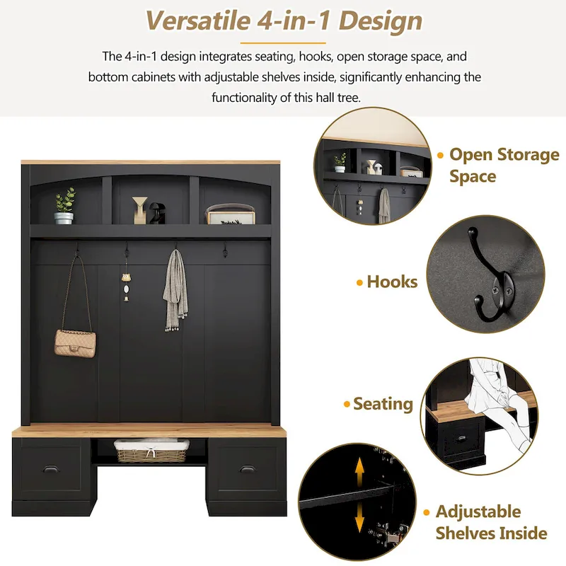 Farmhouse Hall Tree with Wood Grain Bench, Hooks and Bottom Cabinets