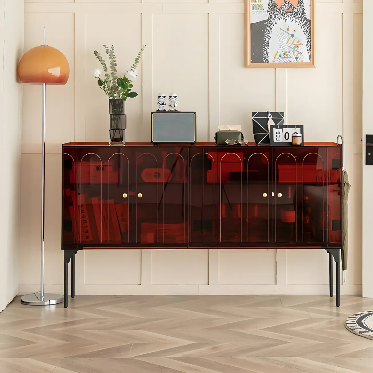 Modern Plastic/Acrylic Sideboard Cabinets with Shelves in Red