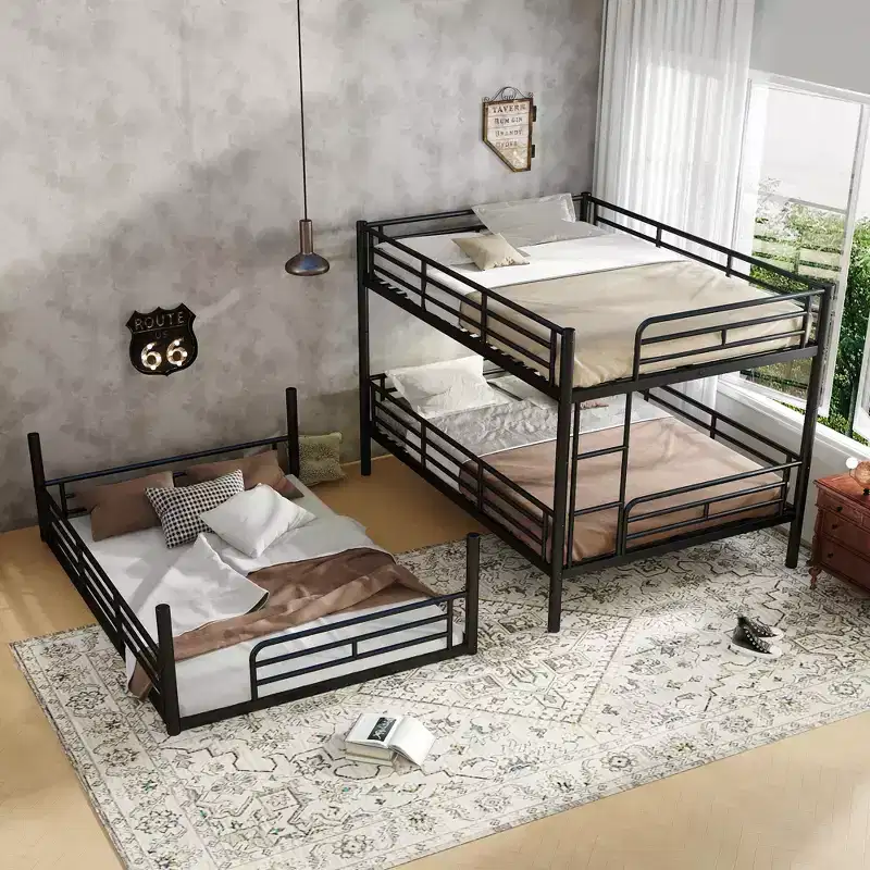 Metal Triple Bunk Bed, Black/White, Full Over Full Over Full / Twin Over Twin Over Full, Sleeps 3