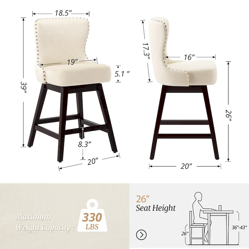 LUE BONA 26 in. Mid-Century Modern Wood Frame Swivel Bar Stools with Faux Leather and Linen Upholstered SeatSet of 4